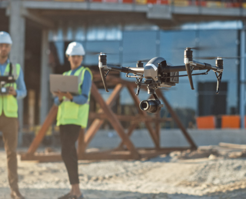 Front view of a drone at a construction site